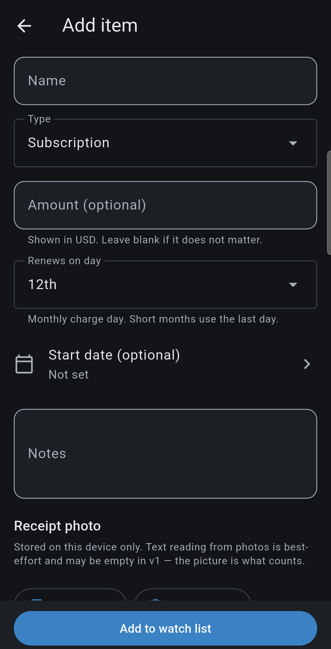 Add item form. Name, type, amount, renews-on-day, notes, receipt photo.